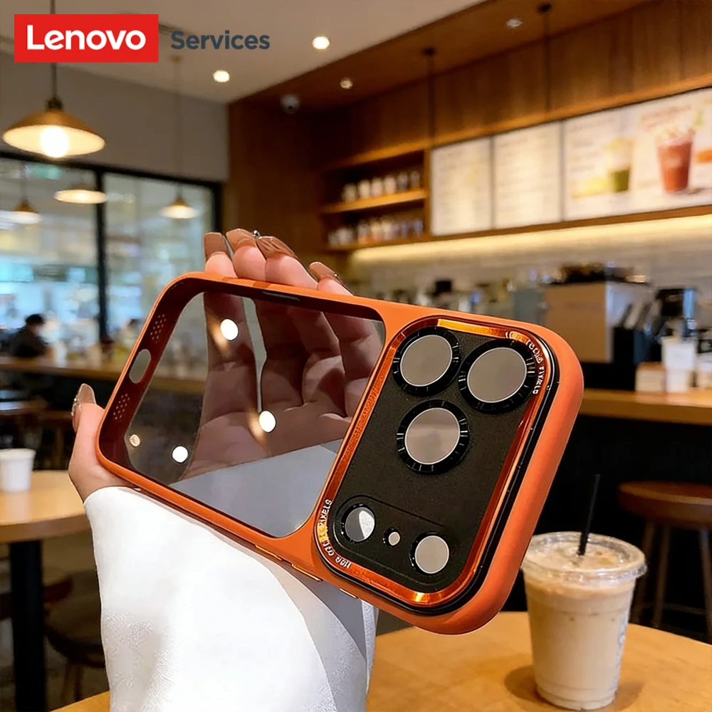 Funda de Teléfono Lenovo Luxury Orange Shield Mate Transparente para iPhone 16 17 Pro Max, Nuevos Botones Metálicos con Sensación de Piel, Cubierta Antigolpes
