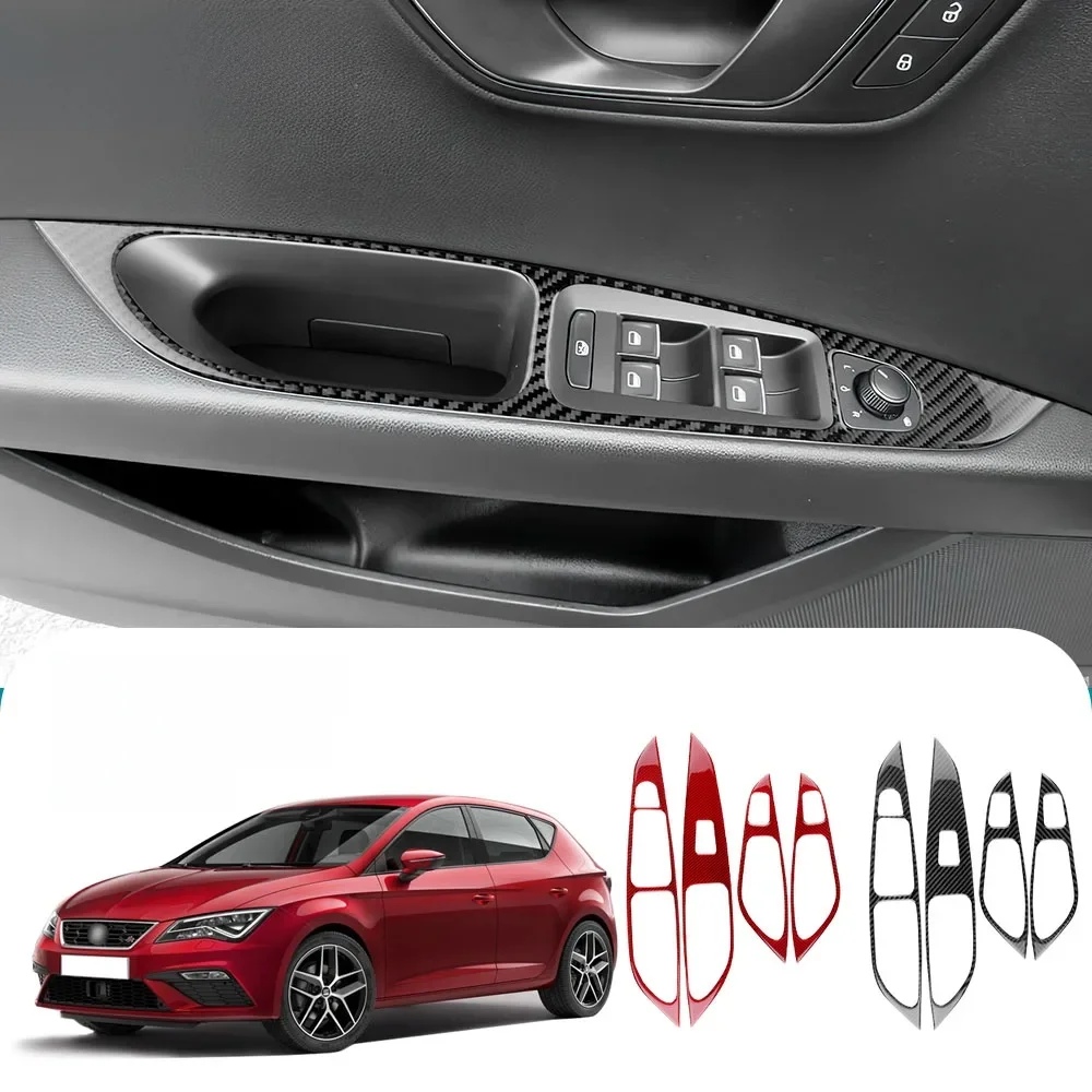 Naklejka z prawdziwego miękkiego włókna węglowego do Seat Leon MK3 2013 2014 2015 2016 2017 2018 2019 2020 LHD RHD Wnętrze panelu podnośnika szyby samochodowej — 2