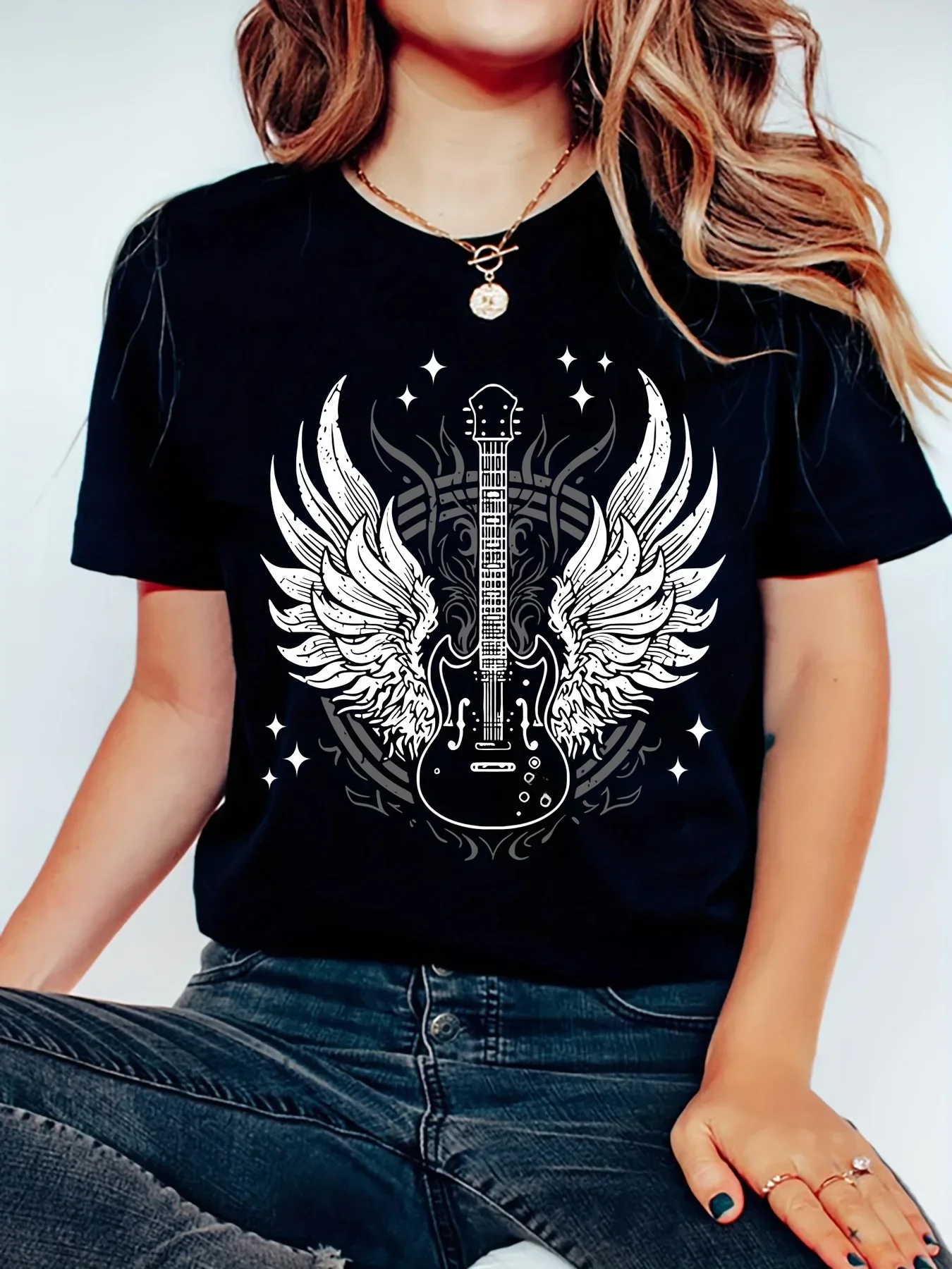 Guitar Wings Print Koszulka sportowa Okrągły dekolt Krótki rękaw Koszulki treningowe Odzież sportowa dla kobiet Harajuku Goth Tops — zdjęcie 2