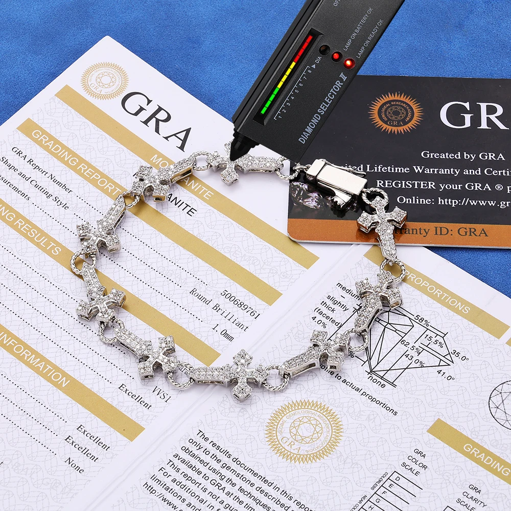 ESKEEM 12mm S925 Silver Moissanite Cross Bracelet Men Iced Out Hip Hop Jewelry Pass Diamond Tester Luxury Bracelet