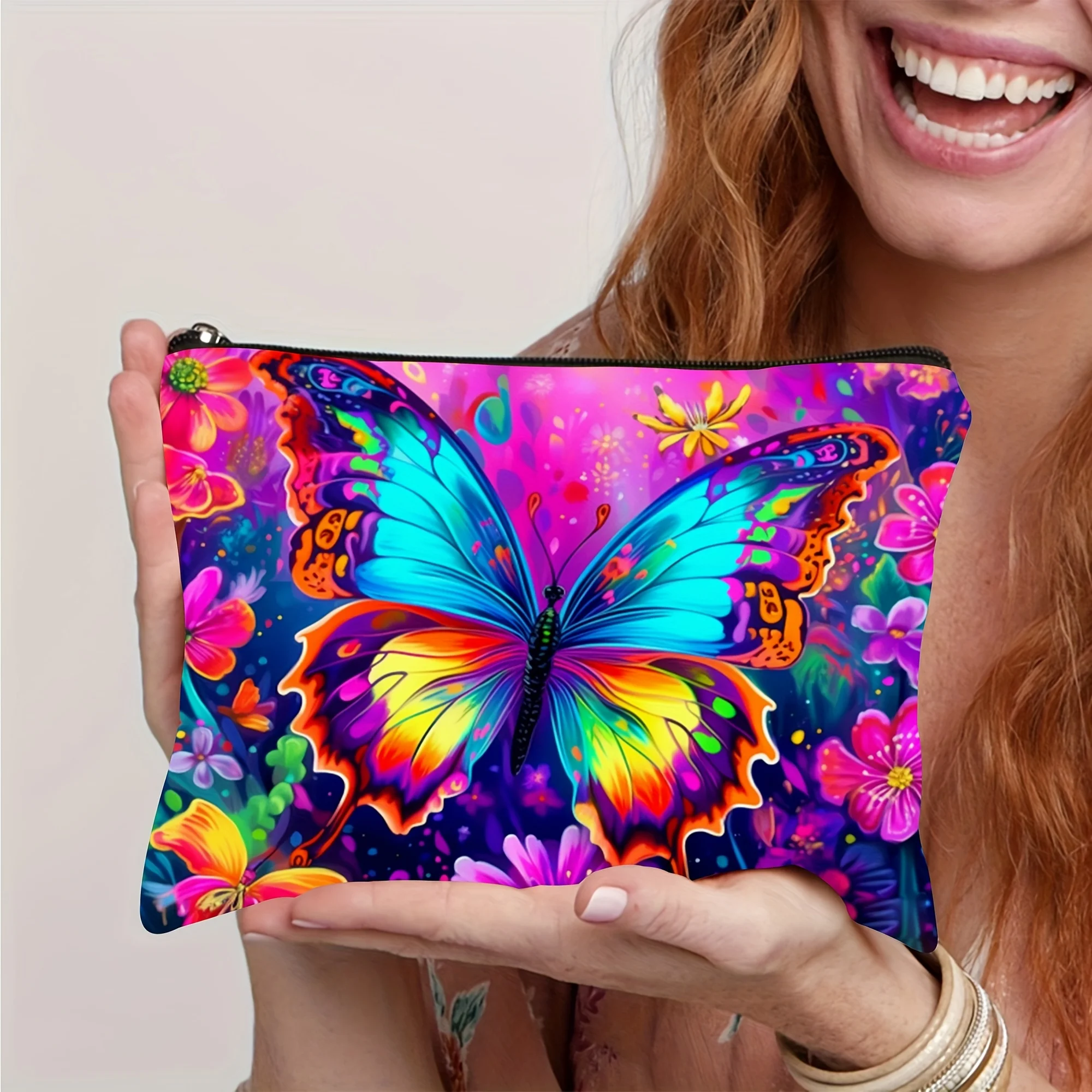 1Pc Bright Colorful Butterfly Retro Design Multifunctional Travel Makeup Bag, Snack Storage Bag, Stationery Storage Bag, Fashionable Toiletry Bag, Canvas Double-Sided Printed Zipper Pouch