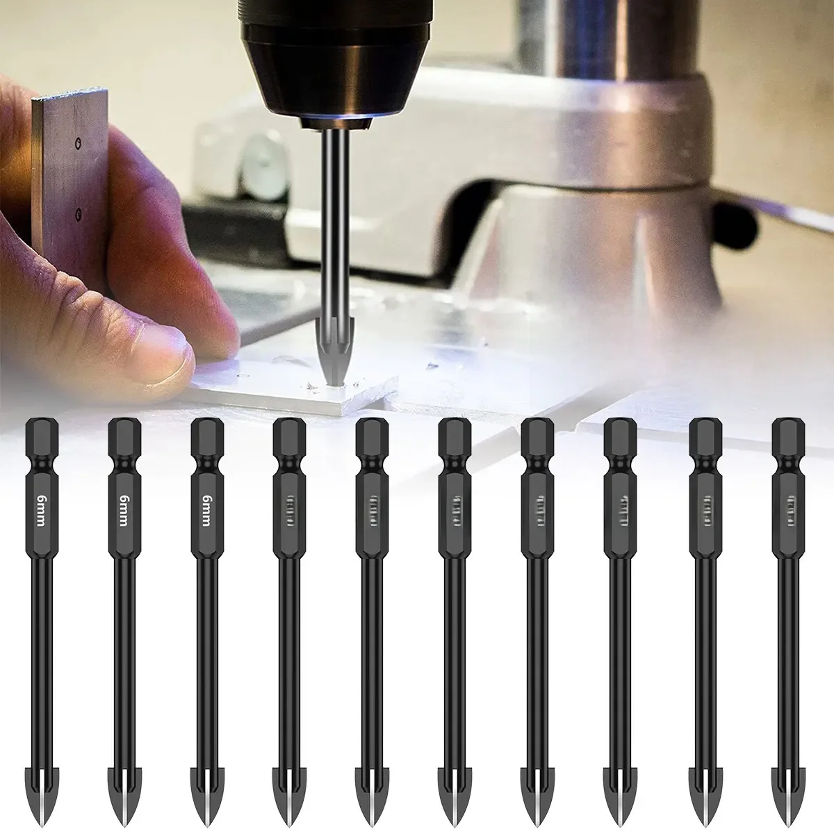 Jeu de forets hexagonaux croisés pour carrelage, verre en porcelaine, miroir, kit de forets multifonctions pour porcelaine, outil de forets en carbure, 6mm, 10 pièces
