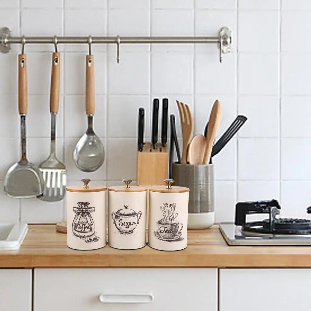 3Pcs/Set Retro Home Tea Time Kitchen Coffee Tea Sugar Container Jars Tin Metal Jar for Office Home Restaurant Tea Room Storage