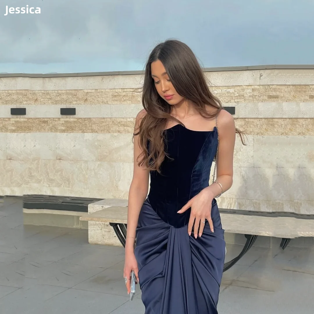 

Джессика Темно-синие вечерние платья Плиссированные атласные женские платья для выпускного вечера с открытыми плечами Бархатные платья русалки Vestidos De FiestaCustomized