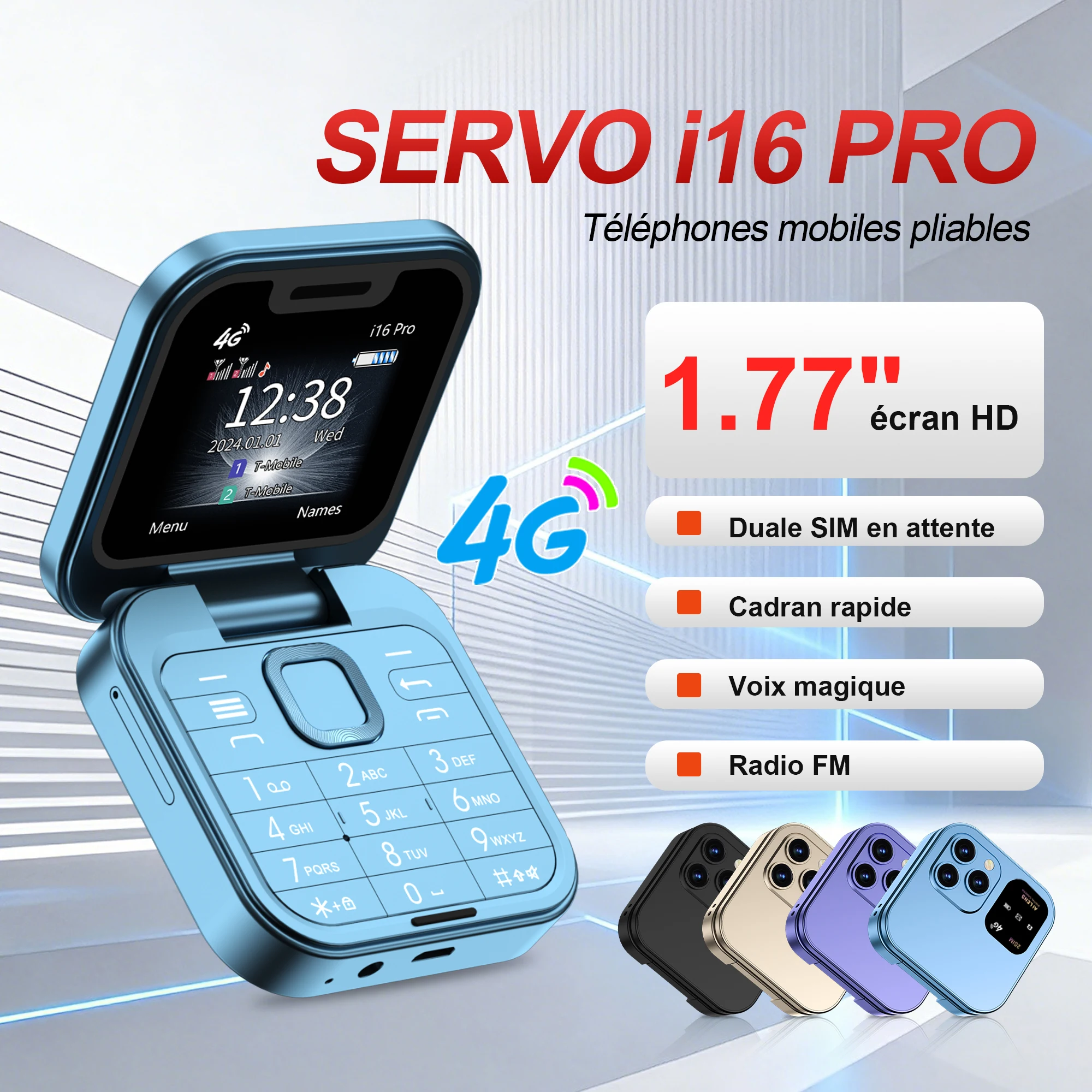 SERVO i16 Pro 4G LTE Mini téléphone portable à rabat double SIM appel en veille enregistrement vitesse cadran Radio FM liste noire petits téléphones portables pliables