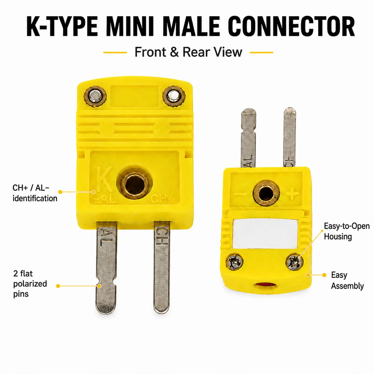 K Type Thermocouple Mini Male Plug Connector 2-Pin Yellow SMPW Wire Adapter for Thermometer Data Logger PID Controller