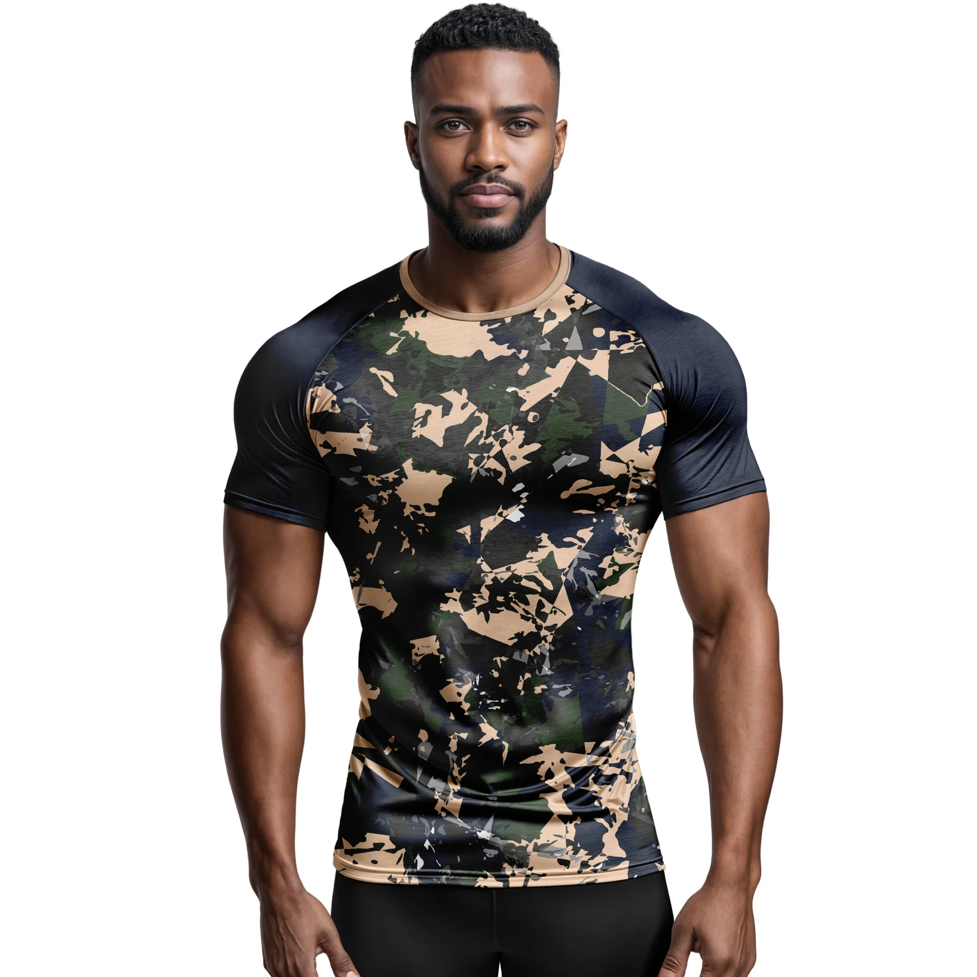Men Tactical Camo Compression T Shirt  Contrast Dark Forest Geometric Camouflage Print Quick Dry Hunting Training Short Sleeve T