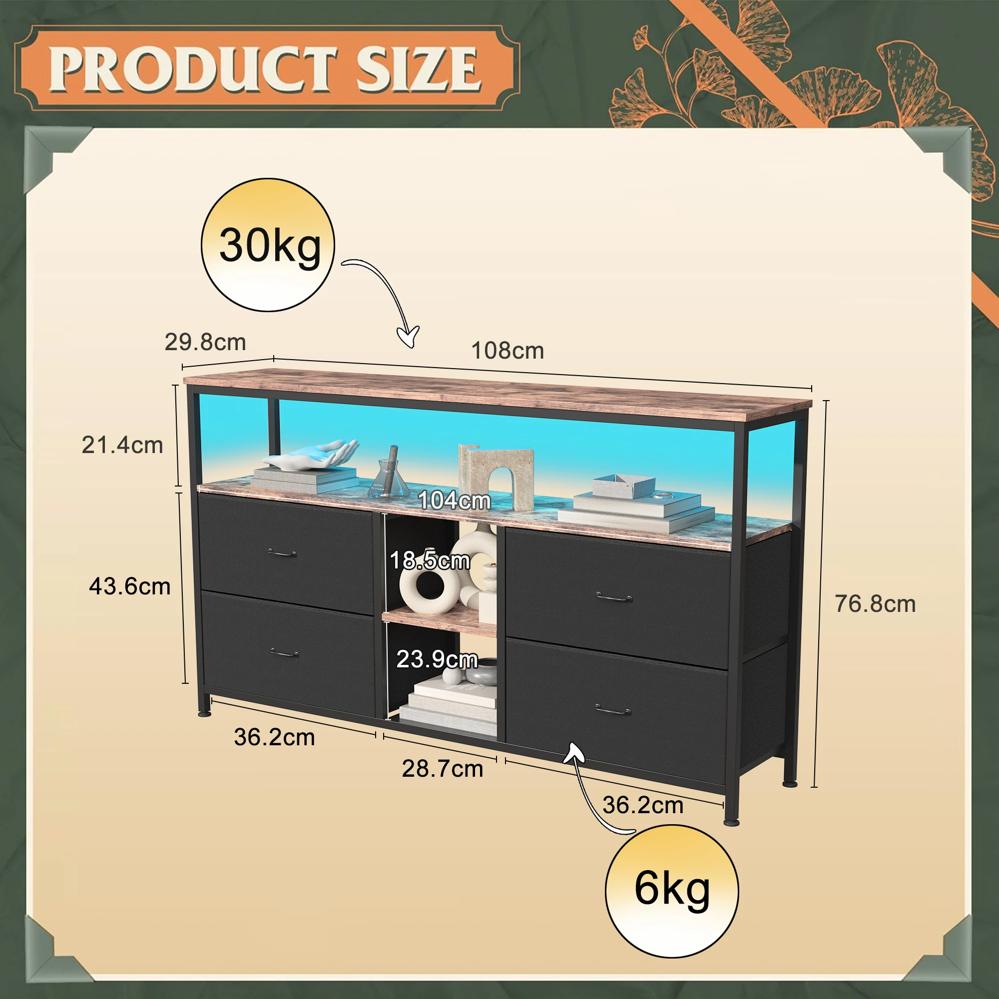 Mueble para TV de 108 cm con luces LED, unidad de cajones de tela con 4 cajones y 2 estantes abiertos, adecuado para salas de estar y dormitorios, compatible con televisores de 55/60/65 pulgadas