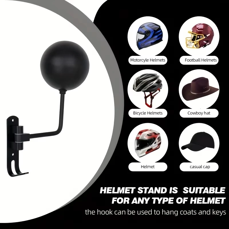 Motorcycle Helmet Holder Wall Mount 180° Swivel, Steel Helmet Rack with Dual Hooks for Jacket Coat, Garage Storage Organizer