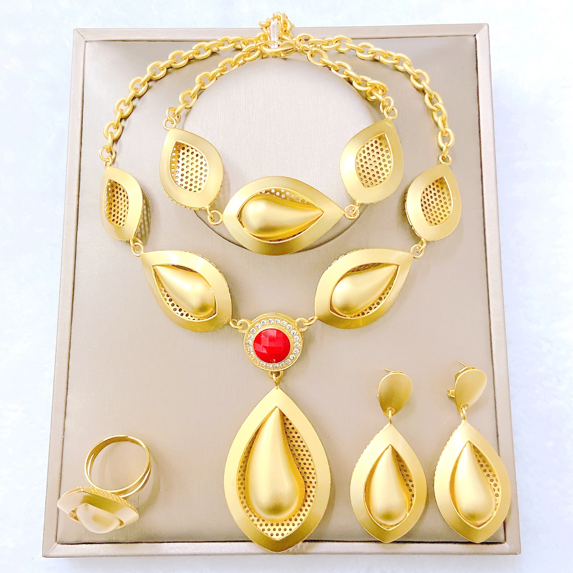 Bohemian Matte Gold Color Jewelry Set Red Crystal Teardrop Pendant Necklace Brushed Flower Bangle Drop Earrings Ring Vintage