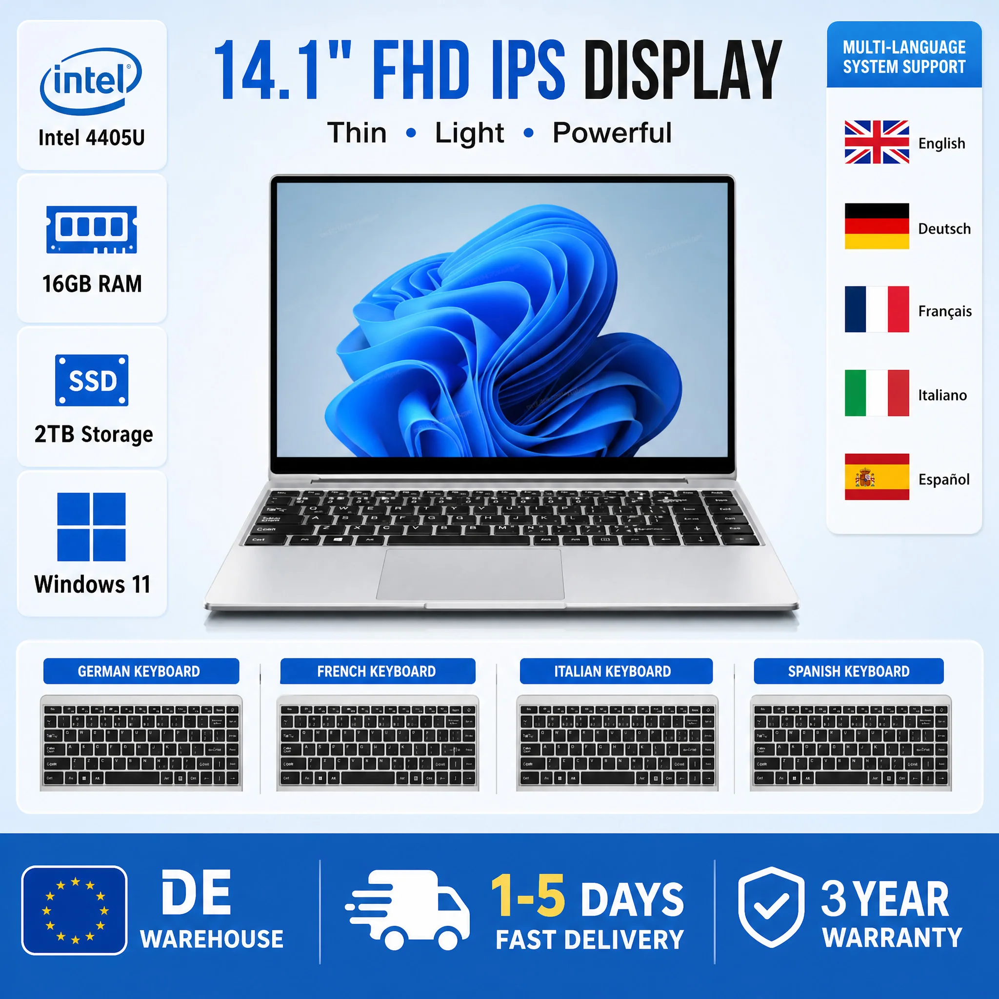 Ordinateur portable LENO HOT 14,1 pouces, Windows 11, 16 Go de RAM, SSD 2 To, Intel 4405U, PC Gamer, écran 1920*1080, ordinateur portable ultra-fin po