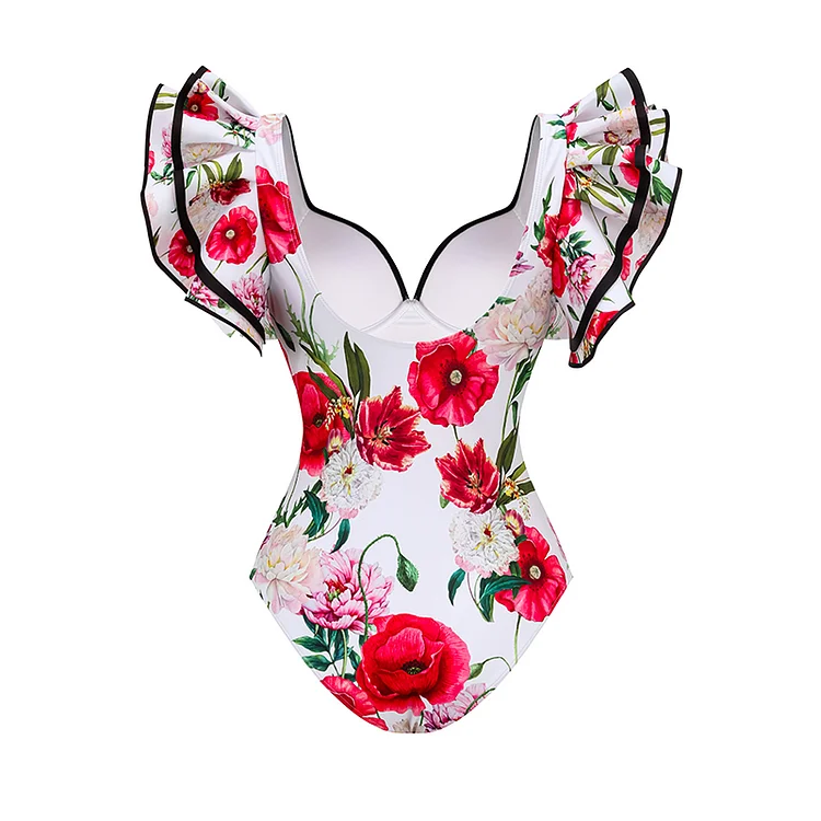 2024 Ruffled Rose Printed One Piece Swimsuit and Skirt Swimwear Set Women Beachwear Luxury Bathing Suit