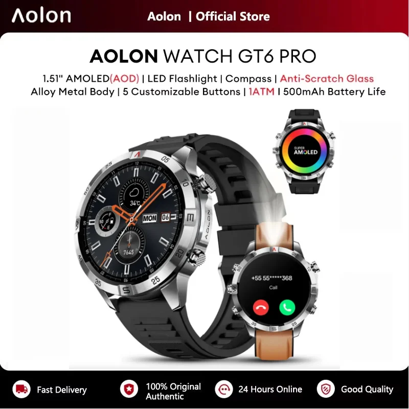 Aolon GT6 PRO Military Watch Compass Flashlight AMOLED Bluetooth Call Smartwatch 1ATM Waterproof 110+Workout Modes Sport Fitness