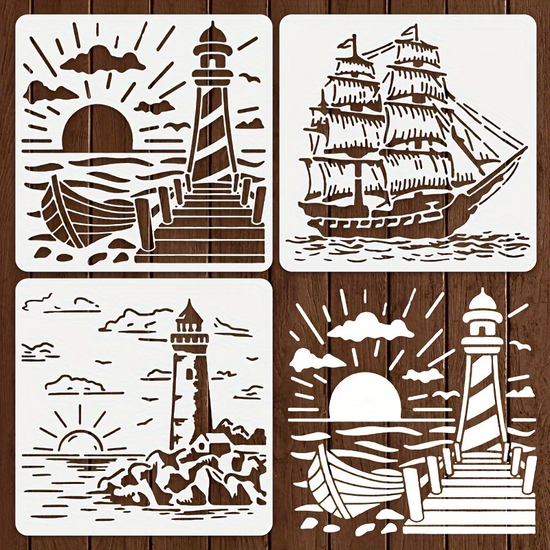 3個入り 7.9インチ 灯台と帆船の絵画ステンシルセット DIYウォールアート、木材、布、家の装飾、再利用可能なクラフトテンプレート用