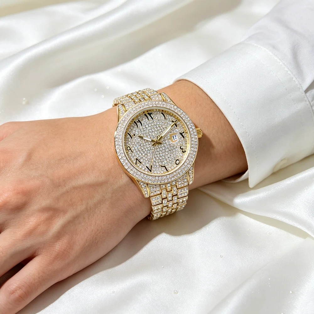 Missfox Luxury Full Diamond Men Quartz Watch GoldBracelet Big Face Arabic Numeral Dial Date Calendar Bling Iced Out Crystal Hip Hop Rapper Business Dress Waterproof Male Wrist Watch Holiday Gift For Men Husband Boyfriend view 7