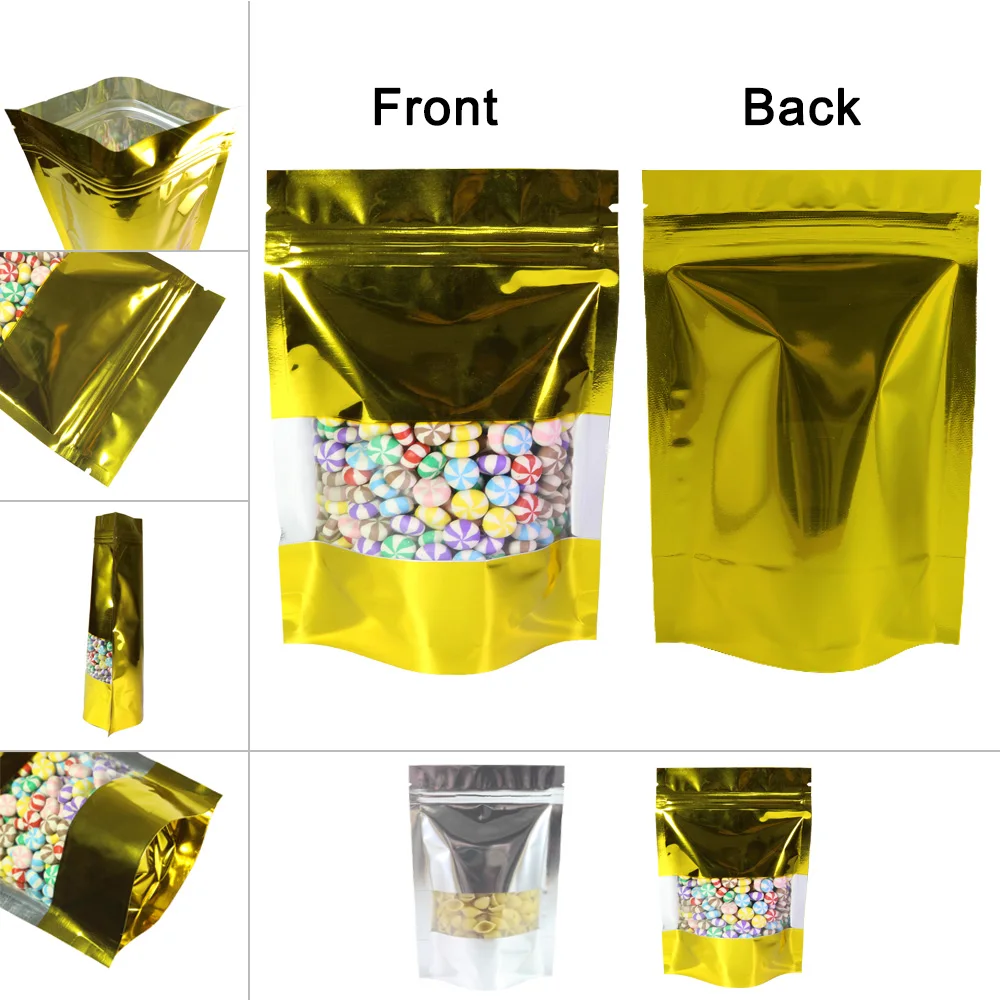 100Pcs Glossy Gold Stand Up Zipper Mylar Doypack Reclosable Clear Window Smell Proof Ziplock Coffee Tea Food Aluminum Foil Bag