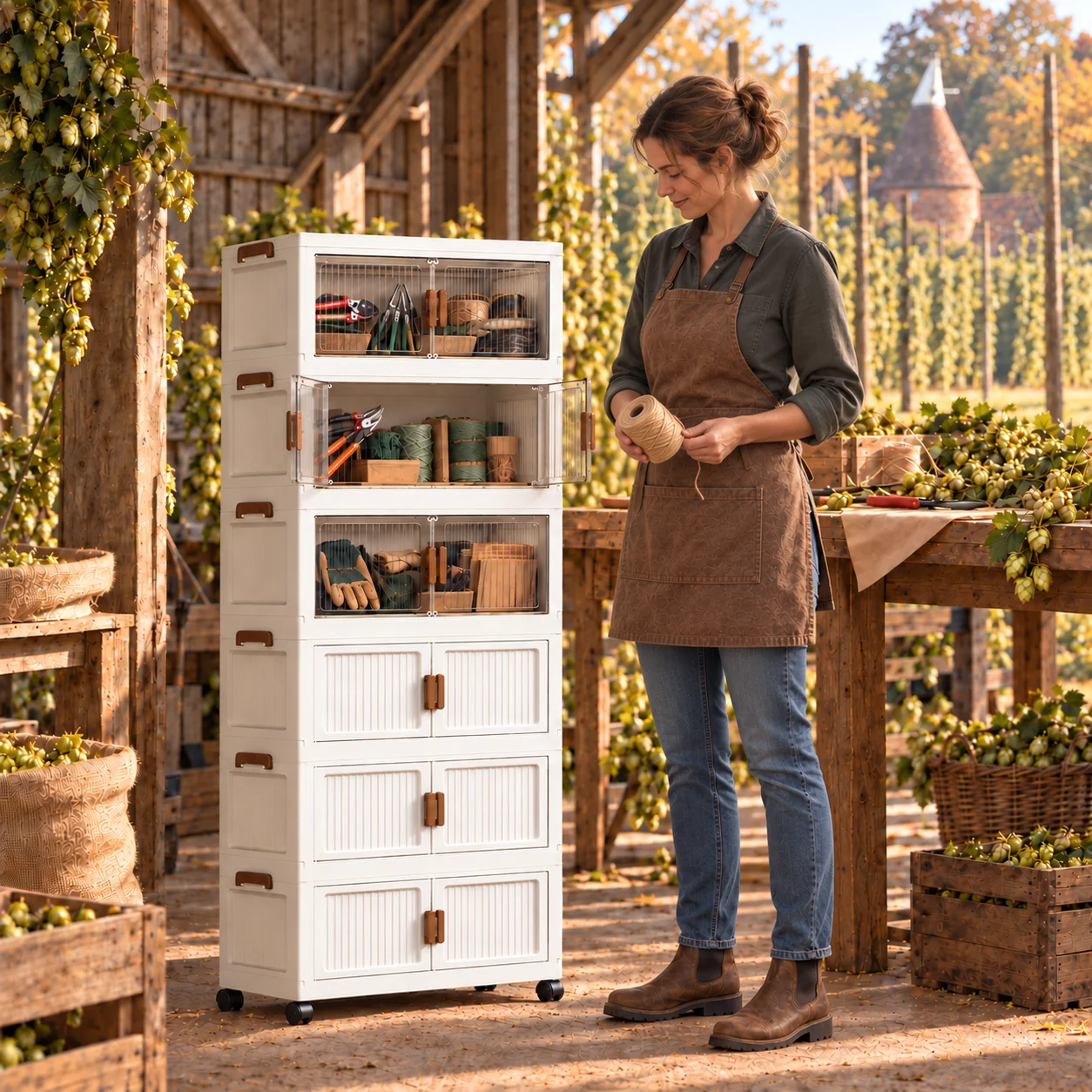 White Foldable Rolling Storage Cabinet with Double Doors, 3/4/5-Tier Organizer for Gardening Tools, Craft Supplies, Utility Room & Workshop
