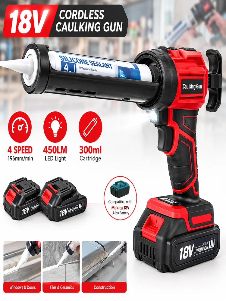 Bezprzewodowy pistolet do uszczelniaczy 18V, 4-biegowy, 196 mm/min, 450LM, LED, elektryczne narzędzie do klejenia drzwi i okien, kompatybilne z akumulatorem Makita 18V. — 2
