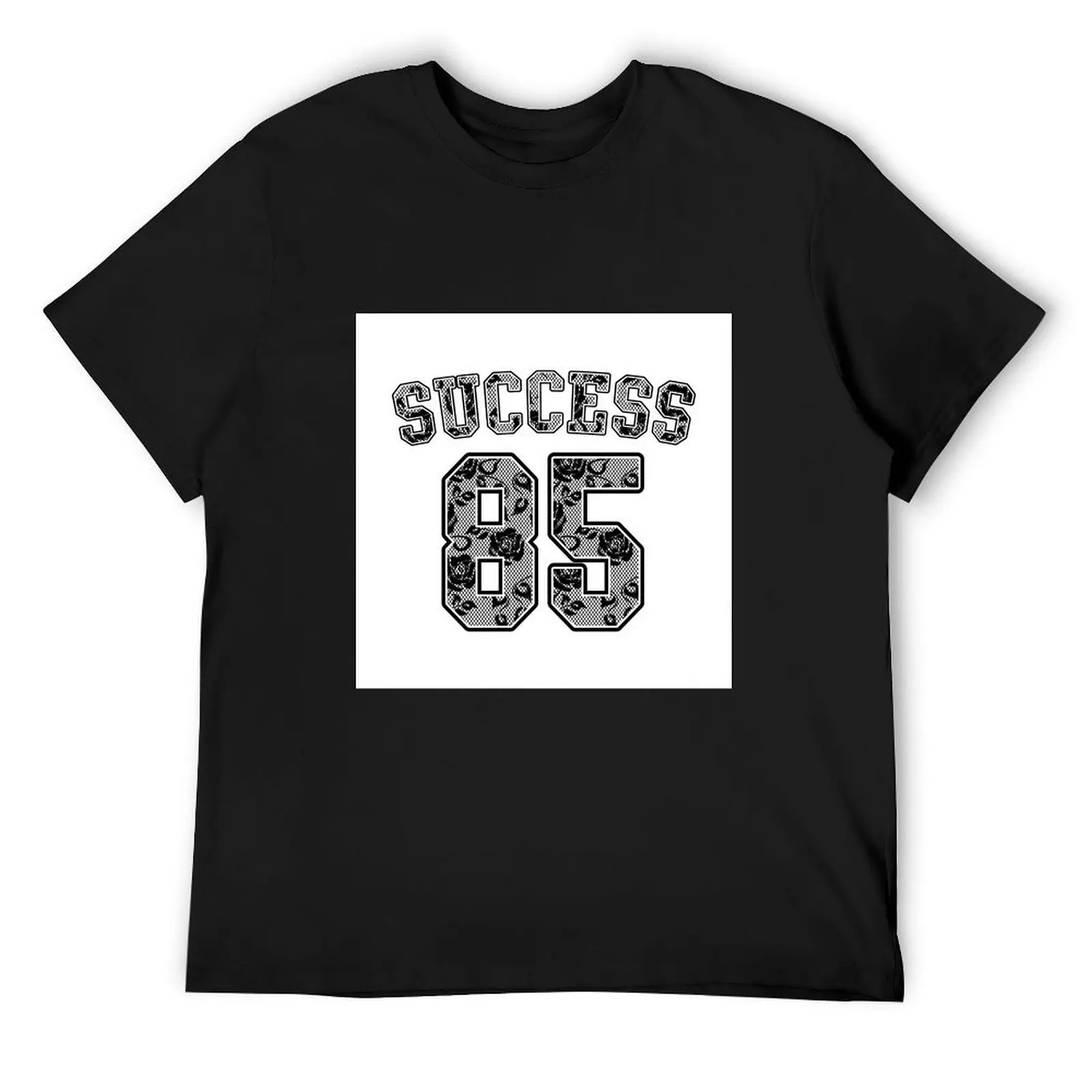 Black White Square Rose Lace Pattern Success Number 85 Print Crew Neck Cotton Casual T-Shirt