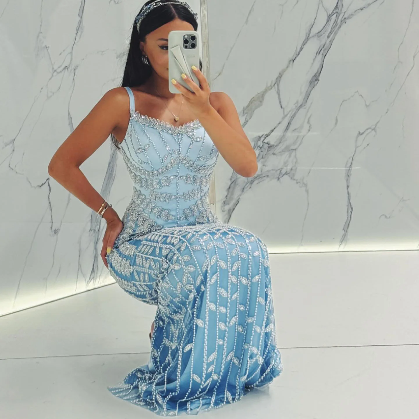 Sharon Said Luxuriöses Dubai Abendkleid mit Spaghettiträgern in Blau für Damen, Arabisches Kleid für Partys und besondere Anlässe, SS694, Maßanfertigung – Detail 5