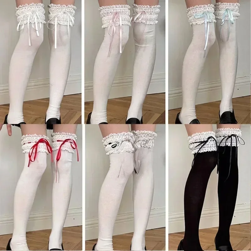 Lolita – chaussettes hautes en coton avec nœud en dentelle douce, ruban Kawaii, longueur mollet, bas de cuisse, accessoires de Cosplay JK