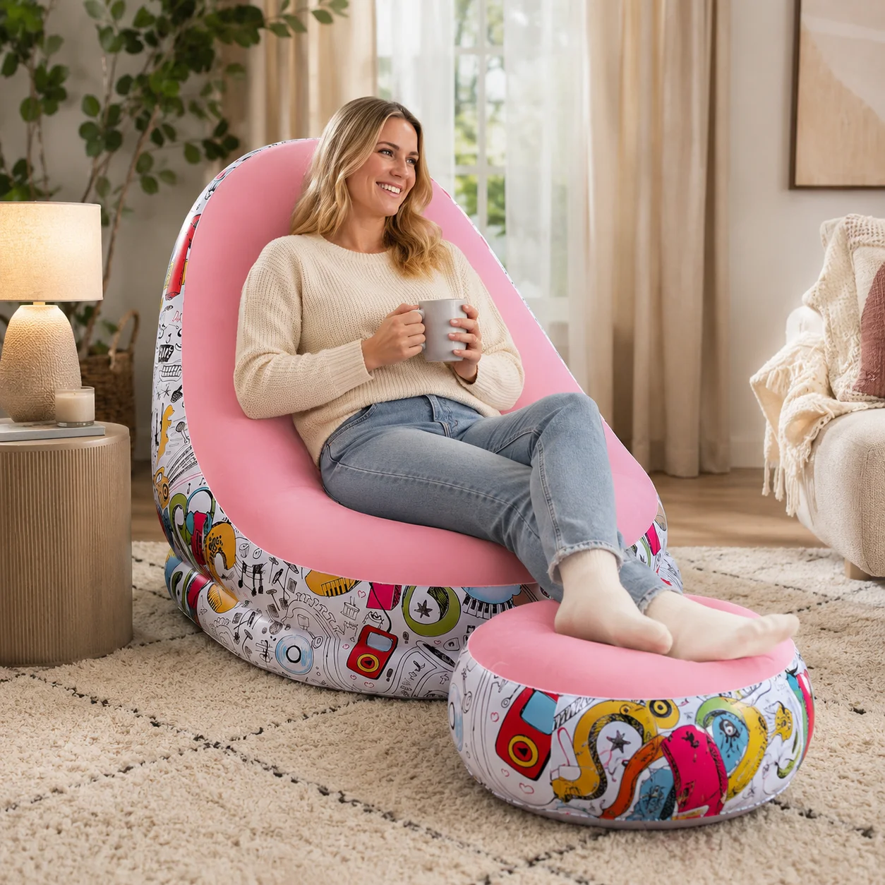 1pc Inflatable Graffiti Lounge Chair with Ottoman, Portable Air Sofa Footrest Set for Bedroom Living Room Camping Adults image 2