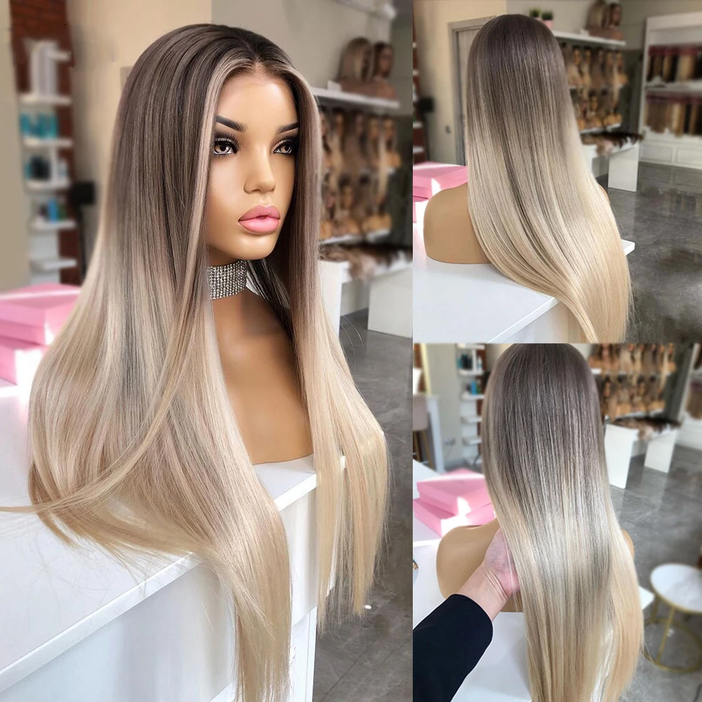 

Highligted 13x6 HD Lace Frontal Wig Dark Ash Blonde Ombre Human Hair Full Lace Wigs Glueless Silky Straight Lace Front Wig