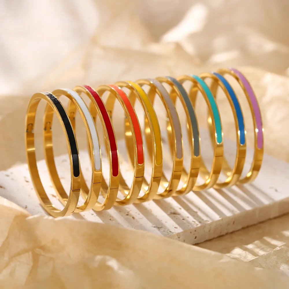 Flashbuy Fashion 4mm Colorful Enamel Stainless Steel Bangles Bracelets for Women New Classic Friendship Accessories Teen Gift