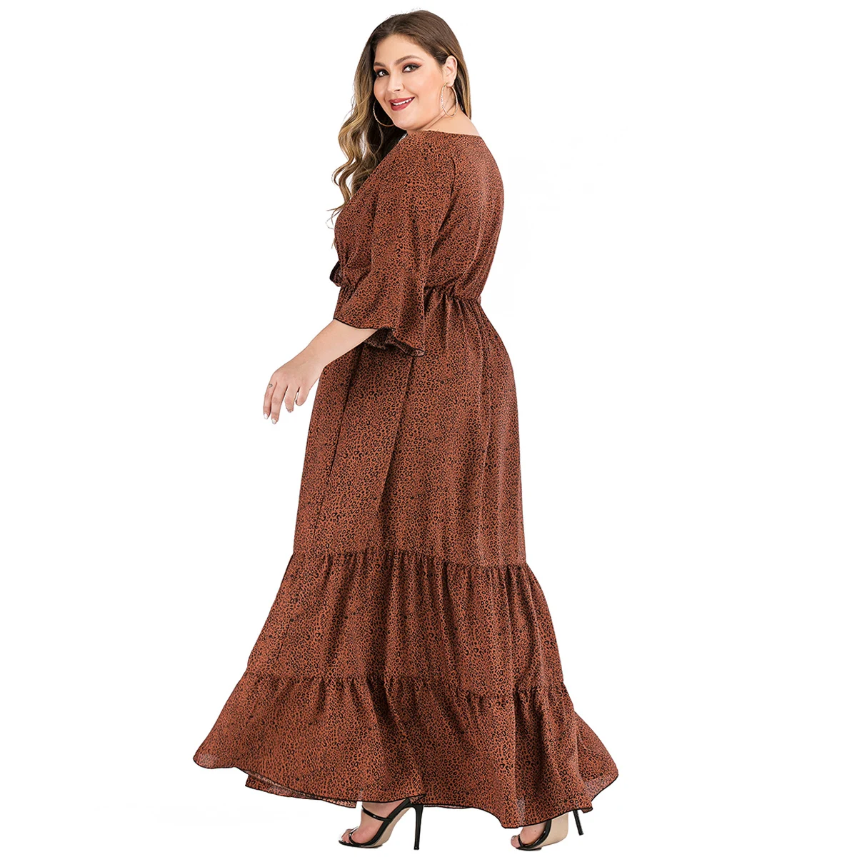 5XL 6XL Plus Size Dress Women Summer V Neck Flare Sleeve Leopard Print Boho Beach Dress Ruffles High Waist Maxi Long Dresses