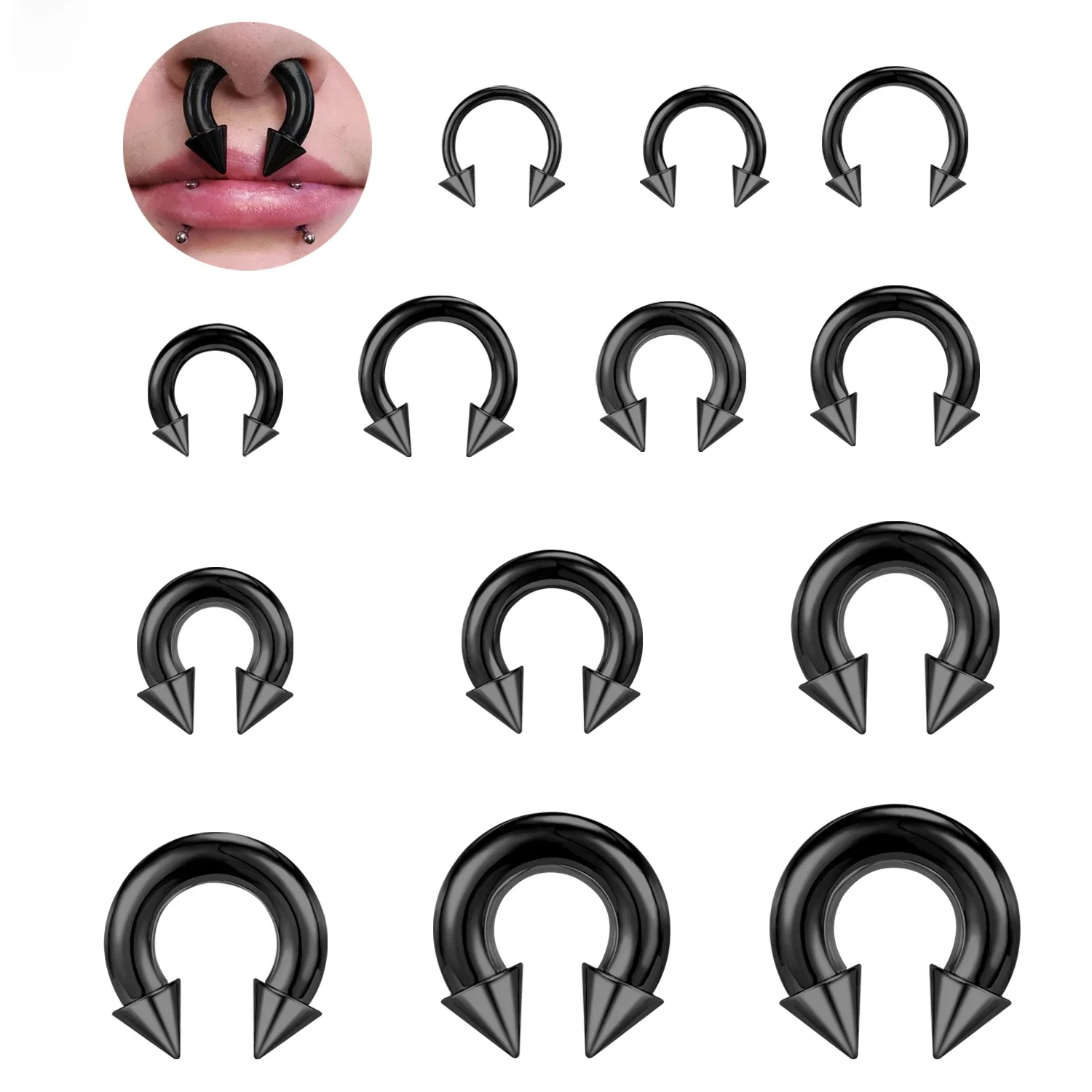 ZS 1 PC Punk Pierścień do nosa ze stali nierdzewnej Spike Large Guage Septum Piercing Black Color Ear Flesh Expander Stercher Earring 2-10MM — zdjęcie 2