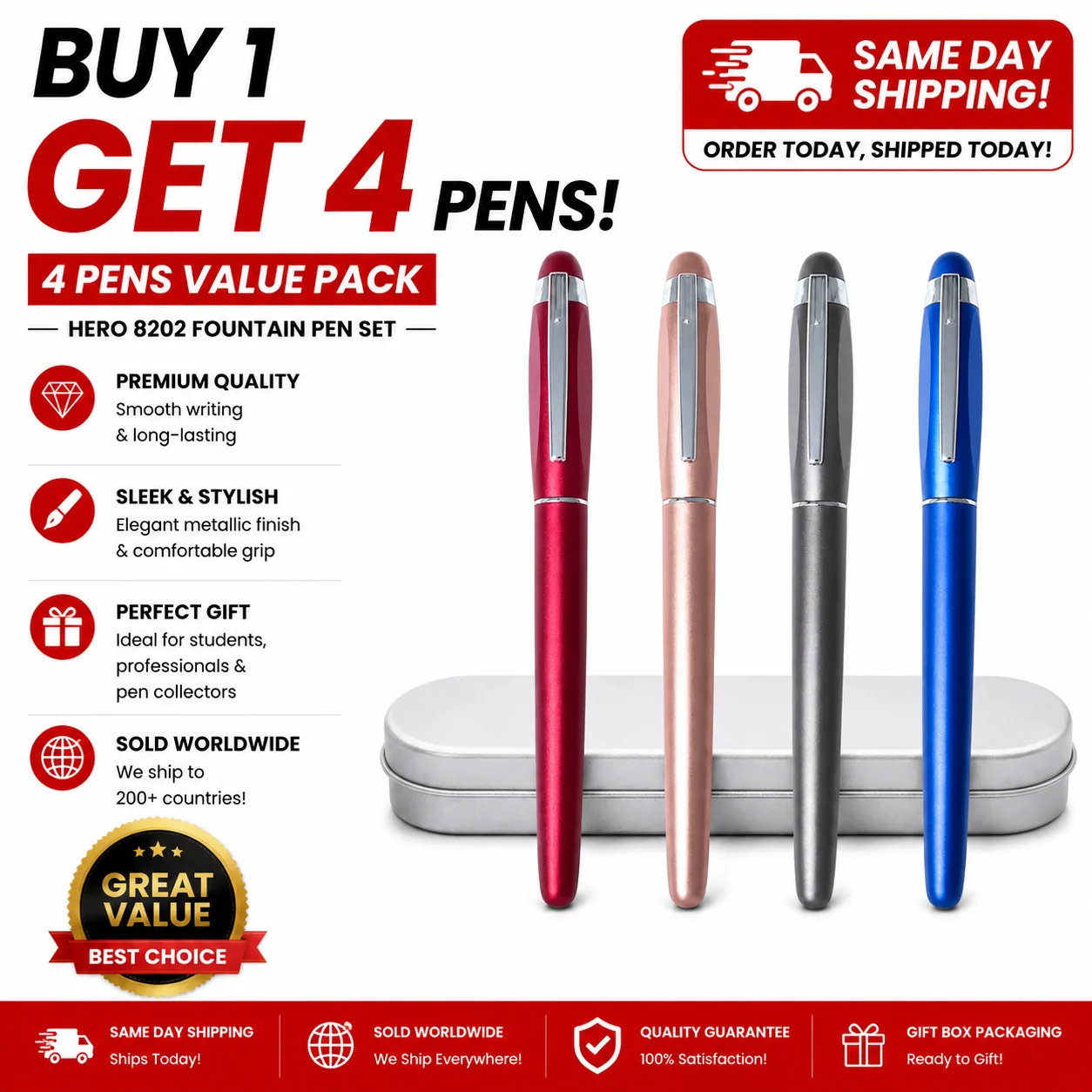 4 Colors Multipack Hero 8202 Full Metal Fountain Pen 0.5mm Standard Fine Nib Fluent Writing Ink Pens Ideal For Business Signing