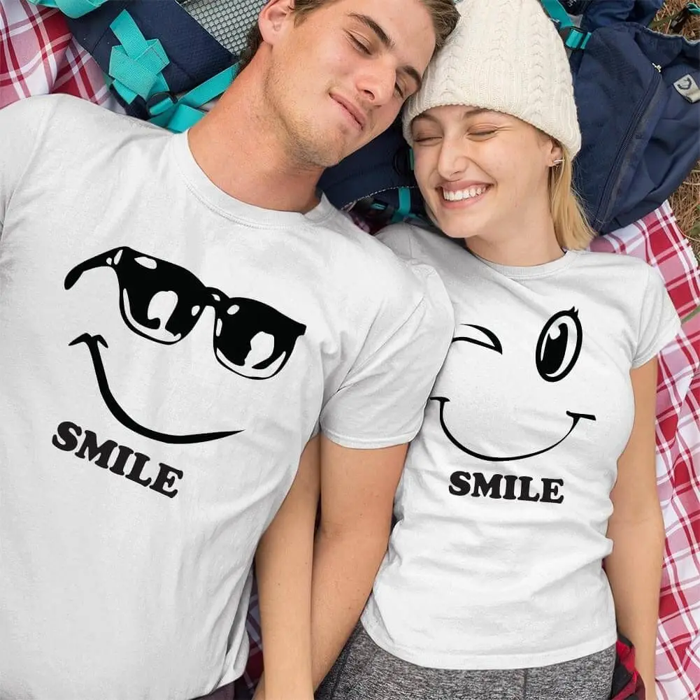 Unisex Smile Couple T-Shirts - Joyful Matching Tee Set- Valentine's Day Gift- T-shirts for Couples