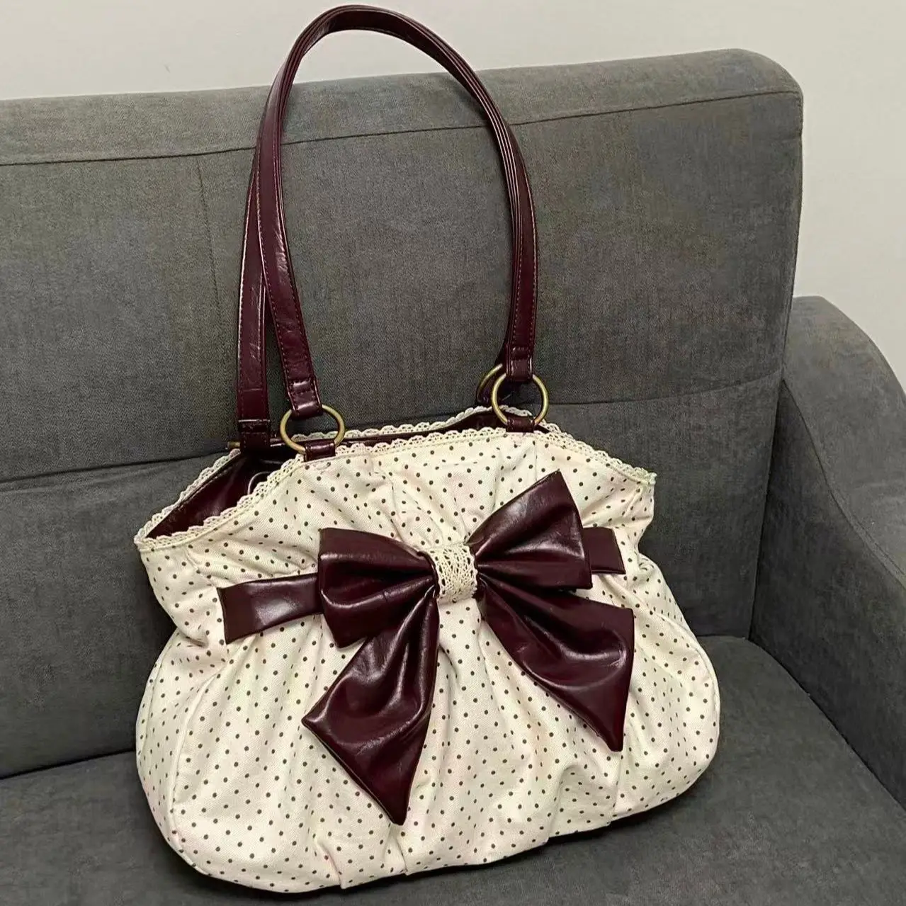 

Sweet Bow Lace Tote Bag Women Polka Dot Pleated Shoulder Bag Large Capacity Harajuku Casual Underarm Purse