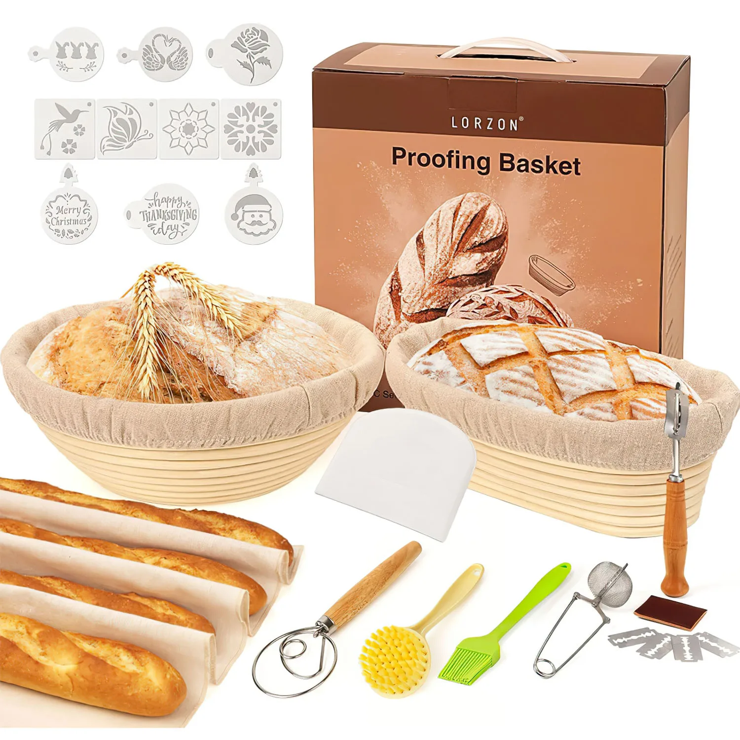 GärkorbGärkorb zum Brotbacken Bäckermesser Brotbackform Gärkörbchen OvalOval 25 cm und Rund 22cm Innen mit Leinentuch Nachhaltig und Natürlich10 stück Backen Zubehör Brotkorb Teigschneider Gärfolie