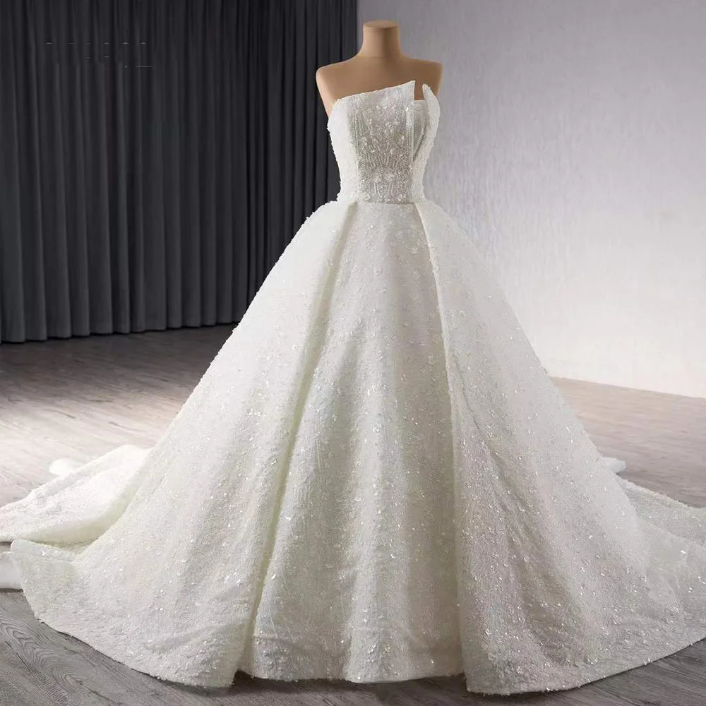 

Белое свадебное платье без бретелек с блестками и аппликациями из бисера и шнуровкой сзади, настраиваемое, подходит для свадьбы