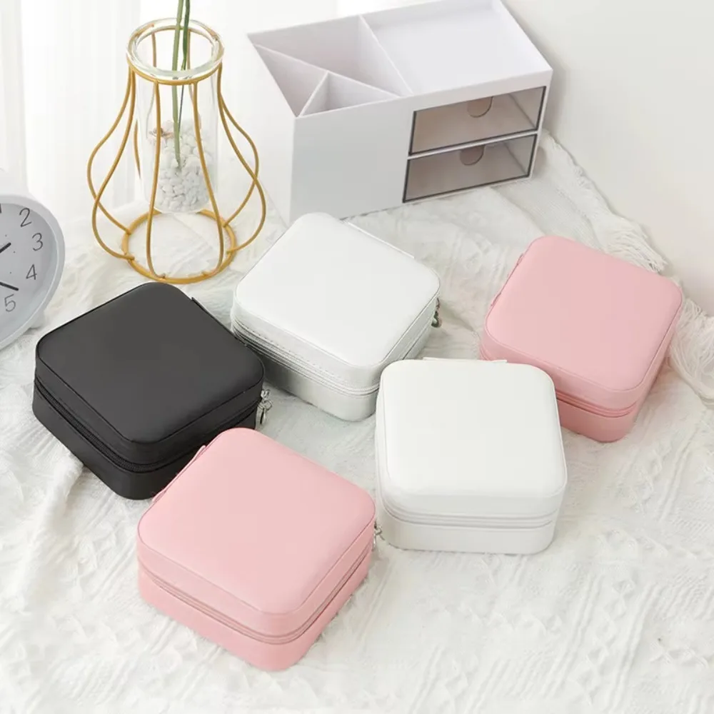 

Ladies Travel Jewelry Box, Leather Single Layer Storage Case, Black White Pink Organizer for Accessories