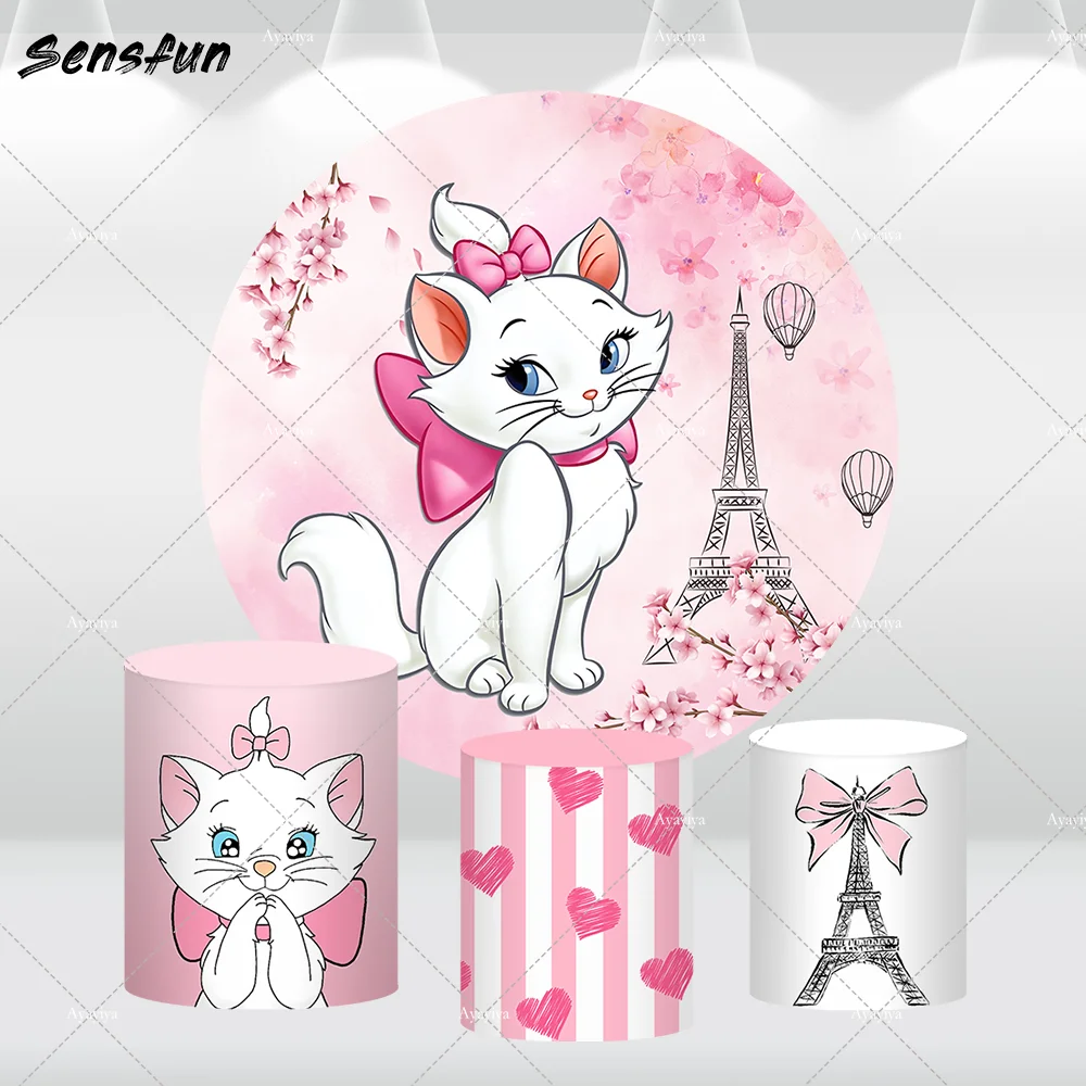 Disney The Aristocats Marie Cat theme Round Backdrop Cover Girls Birthday Baby Shower Circle Background Paris Tower Plinth Cover