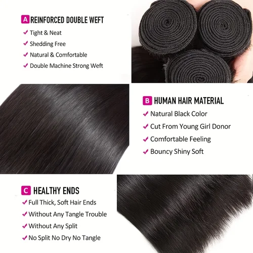 Imagen 2 del producto Extensiones de cabello humano liso brasileño con cierre Frontal 100% cabello virgen tejido recto 3 mechones con cabello Frontal de encaje 13x4