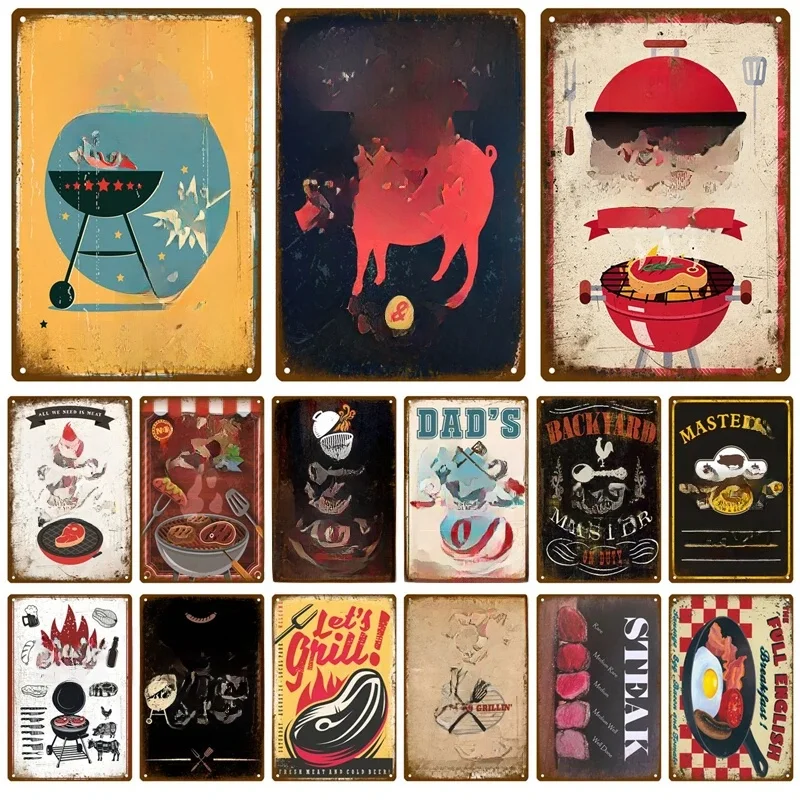Plaque décorative en métal pour la maison, zone de barbecue, 18 signes, vintage, papa, cour de barbecue, fête en plein air, slogan rétro, règles