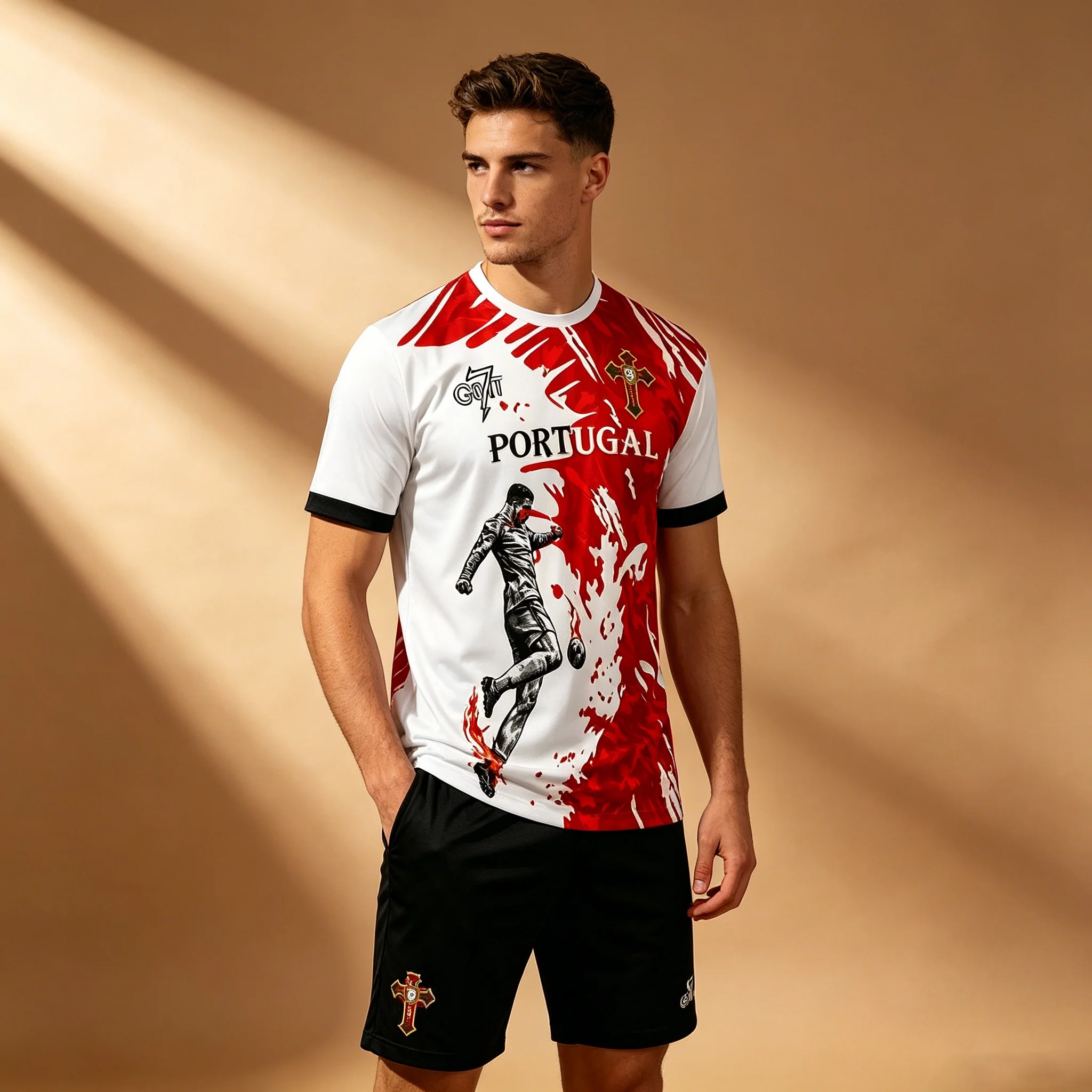 Herren Portugal Fußball T-Shirt Rot Splash-Print CR7 Grafik Kurzarm Fußball-Fan Sporttrikot