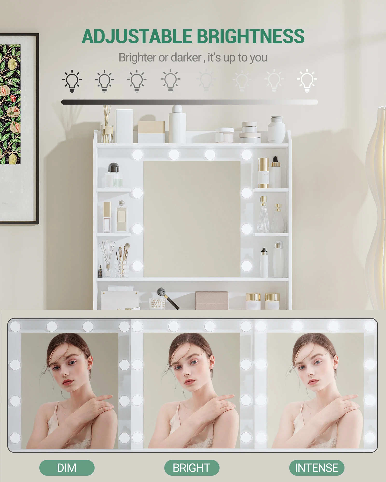 طاولة تزيين هزوانري مع مرآة، طاولة تزيين مع أرفف ودرجين لغرفة النوم وغرفة المعيشة، سطوع قابل للتعديل