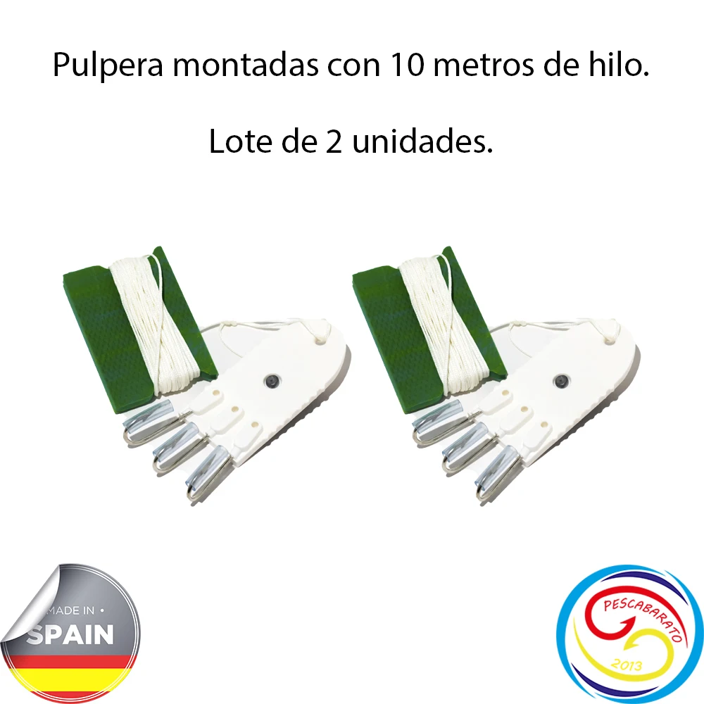 Pulpera lastrada con 3 anzuelos, cuerda de gran resistencia de 10 metros y plegadora de caucho. lote de 2 unidades