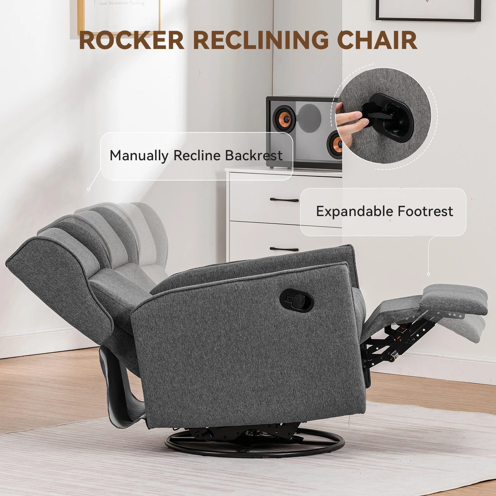Comhoma Rocking Recliner Chair, Swivel Glider Reclining Single Sofa Manual Rocker Recliner, Nursery Rocking Chairs with Upholster image 3