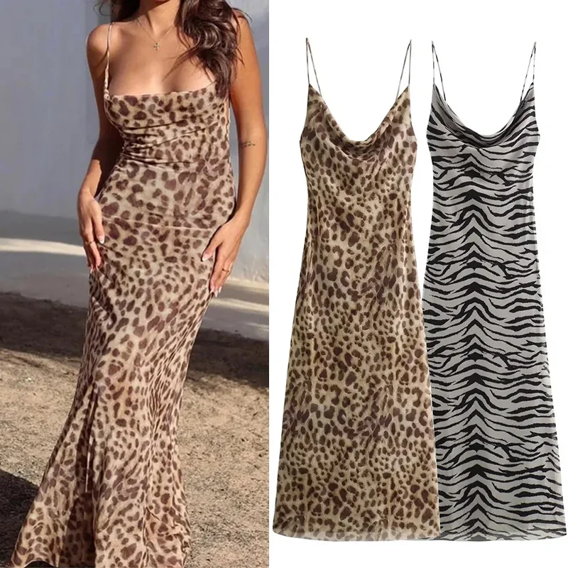 MUJER Sukienka na ramiączkach z tiulu w panterkę, damska sukienka letnia bez pleców, długa sukienka damska w stylu vintage, seksowna sukienka na imprezę, sukienka midi na wakacje — zdjęcie 2