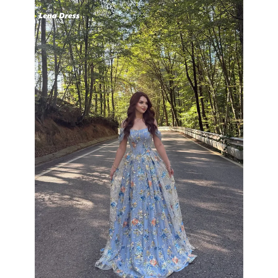 Lena Customized Dubai Evening Dresses Luxury Women's Elegant Party Dress Floral Lace Women's Ball Gown Sky Blue A-line Luxurious