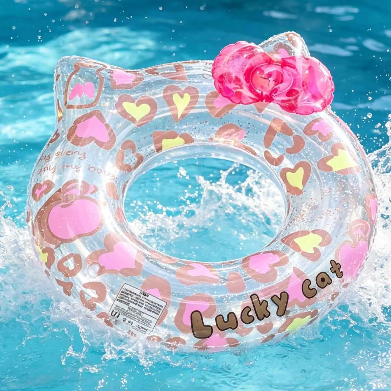 

1PC Inflatable Cat Swim Ring Transparent Glitter Pool Floats with Bow Heart Pattern Pool Tube for Summer Beach Party
