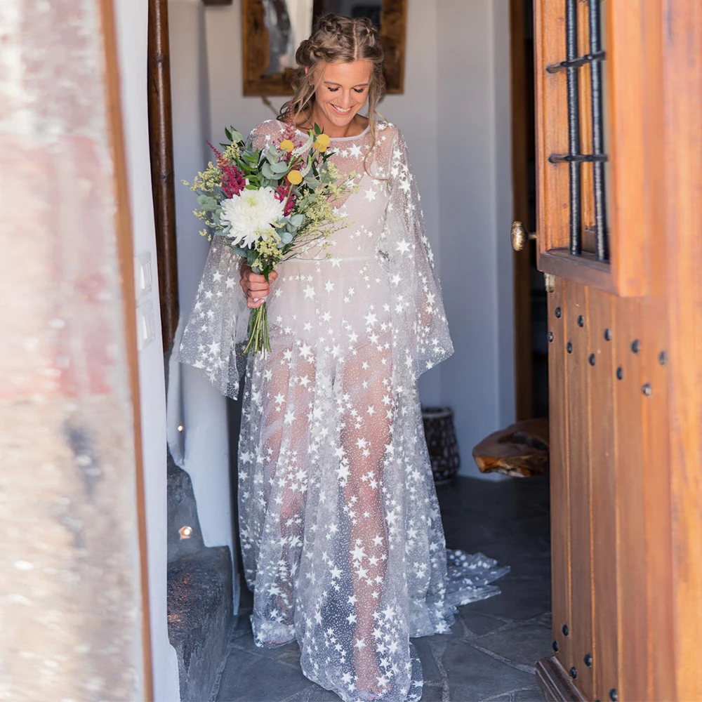 Zweiteilige Anzug Boho Star Spitze Braut Robe für Hochzeit sexy Flare Ärmel Braut dusche Kleid Frauen Nacht Gwon 2024 ودين