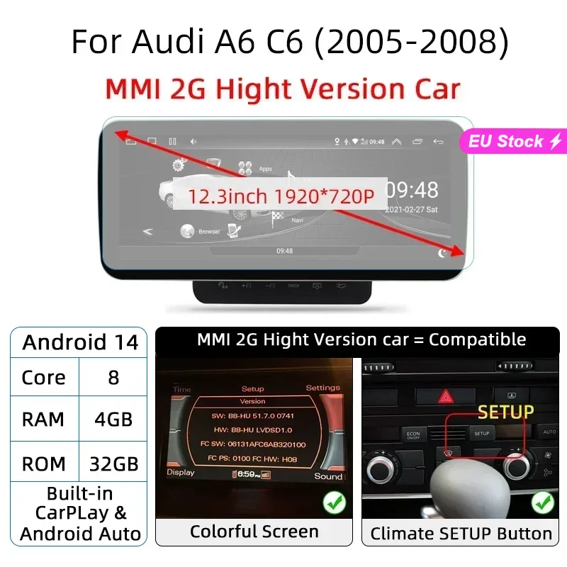 Nunoo Android 14 Auto-Bildschirmplayer für Audi A6 C6 4F 2005-2011 GPS Navi Multimedia Stereo 8+128GB RAM WIFI CarPlay