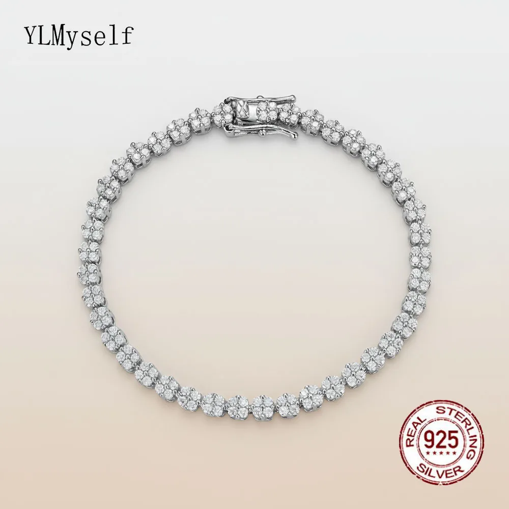 

YLMyself Теннисный браслет с муассанитом, цветочный кластер, стерлинговое серебро 925 пробы, D-цвет VVS1, свадебные ювелирные изделия, подарок для женщин