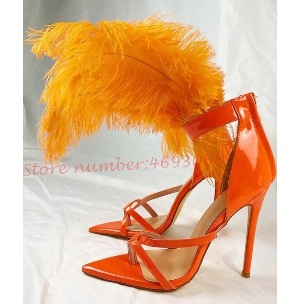 Orange Feather Cross Strap Sandals Party Wedding Patent Leather Women Sandals Female Open Toe High Stiletto Heels Stylish Shoes